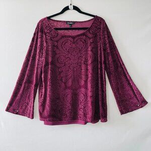 NWT Roz & Ali Womens Purple Velvet Burnout Lined Attached Cami Blouse Top Size L